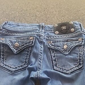Miss Me Blue Jeans with Embellished Stitching and Distressed Details